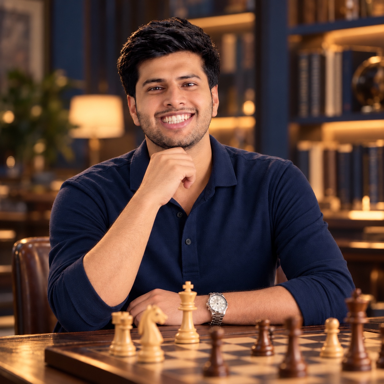 Farhan Khalid smiling at a chessboard